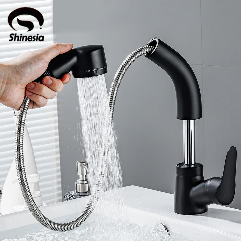 Bathroom Faucet Basin Faucet Shinesia Matte Black Pull Out Spout Rotatable Liftable Body Deck Mounted Hot and Cold Water Mixer Tap