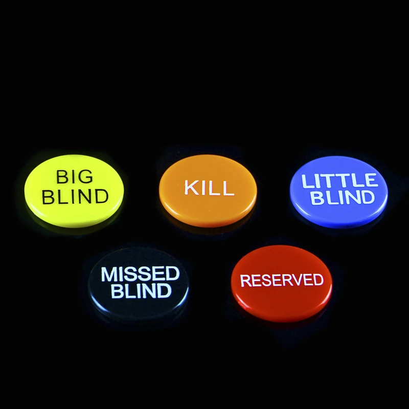 

5pcs/lot SALE ABS Round Plastic Dealer Coins BIG BLIND/LITTLE BLIND/KILL/MISSED BLIND/Texas Poker Chip Set Coin Buttons Game