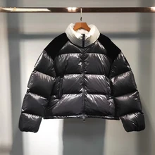 Новинка, женский зимний Черный пуховик, дикое теплое пальто с буквенным принтом, водолазка, белый утиный пух, Лоскутная куртка