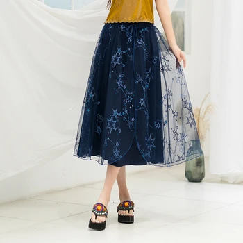 

KYQIAO woman skirts VINTAGE 70s Mexico ethnic long navy blue Voile embroidery patchwork midi skirt