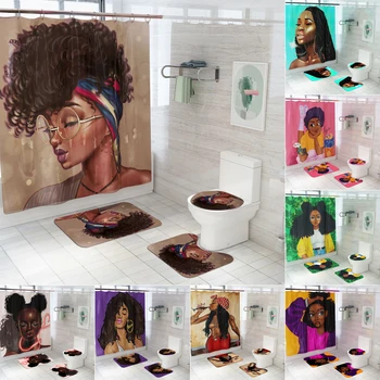 

A Variety of African Women Shower Curtain Polyester Fabric 4 Piece Bathroom Curtains Decor Retro Design Carpet Cover Toilet Mat