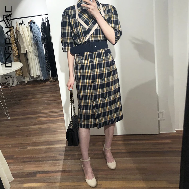 

SHENGPALAE 2019 Turn-down Collar Half Sleeve Korean Fashion Slim Waist With Belt Patchwork Color Women Korean Dress Tide FN7751