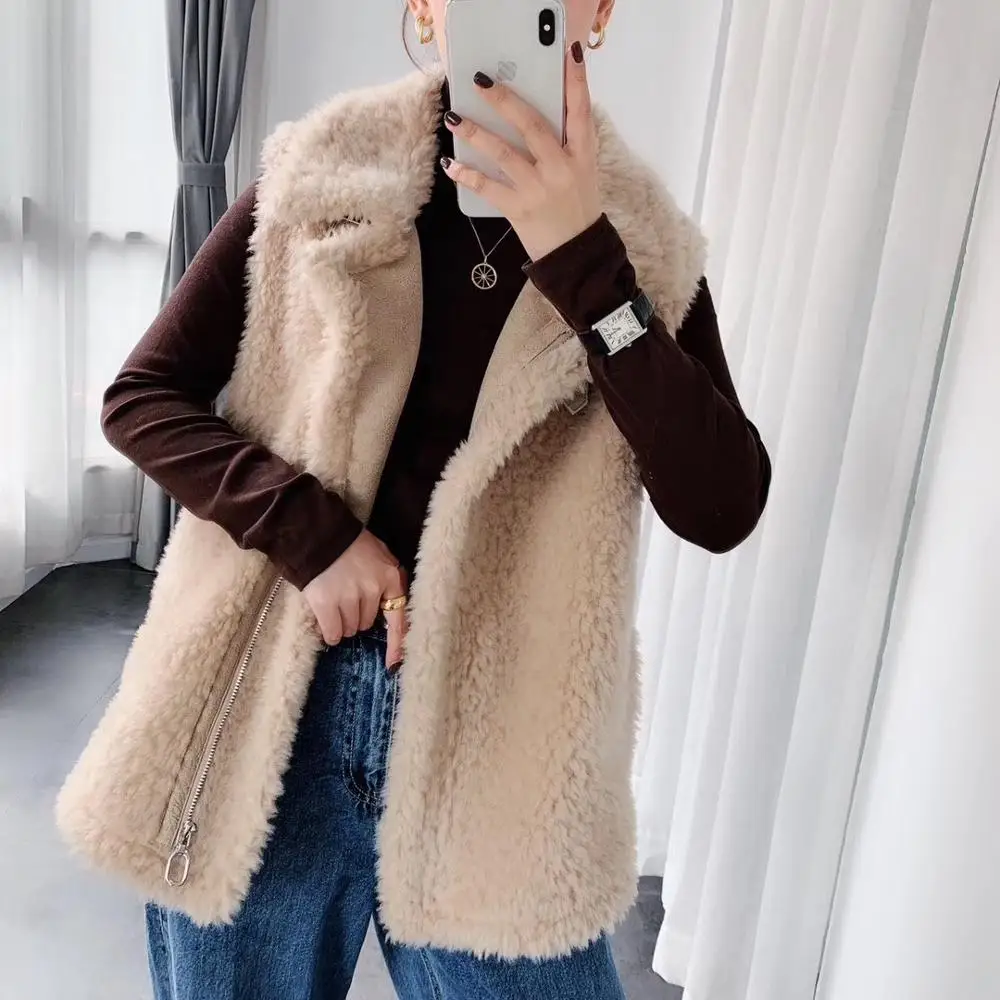 vest women outwear plus size new fashion motocycle sheep fur vest korean women vest - Цвет: Khaki
