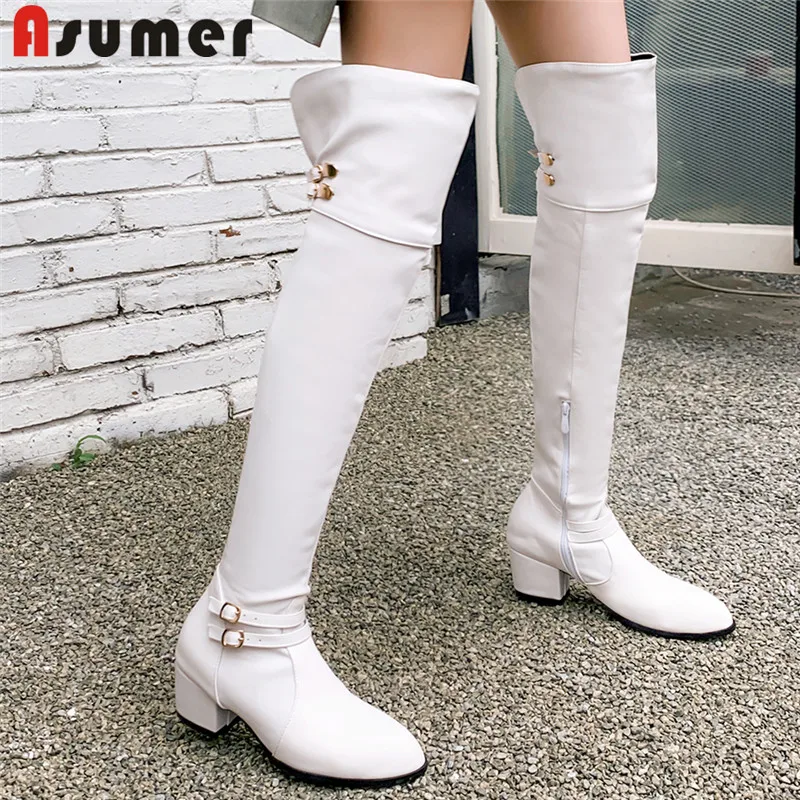ASUMER/ г. Новые модные сапоги выше колена Женская осенне-зимняя обувь на квадратном каблуке с застежкой-молнией и пряжкой женские ботфорты большой размер 48
