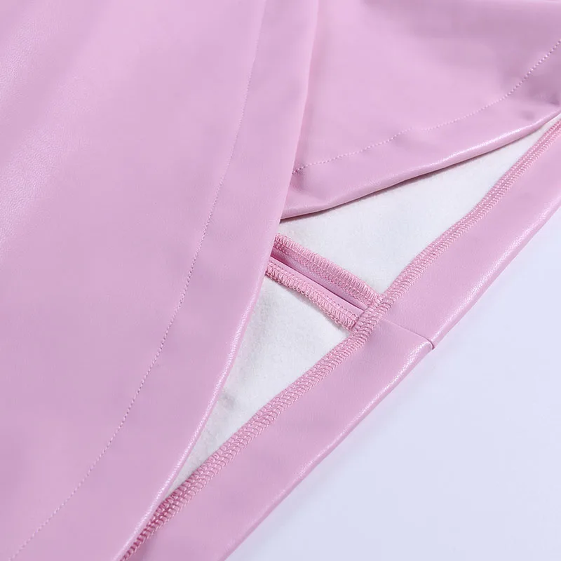 WannaThis/розовый комплект из 2 предметов женский укороченный топ из искусственной кожи и асимметричные юбки Модная элегантная Осенняя однотонная одежда с отложным воротником
