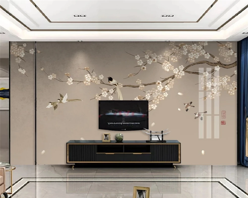

beibehang Customized modern personality wallpaper new Chinese style hand painted plum blossom bird TV background wall paper