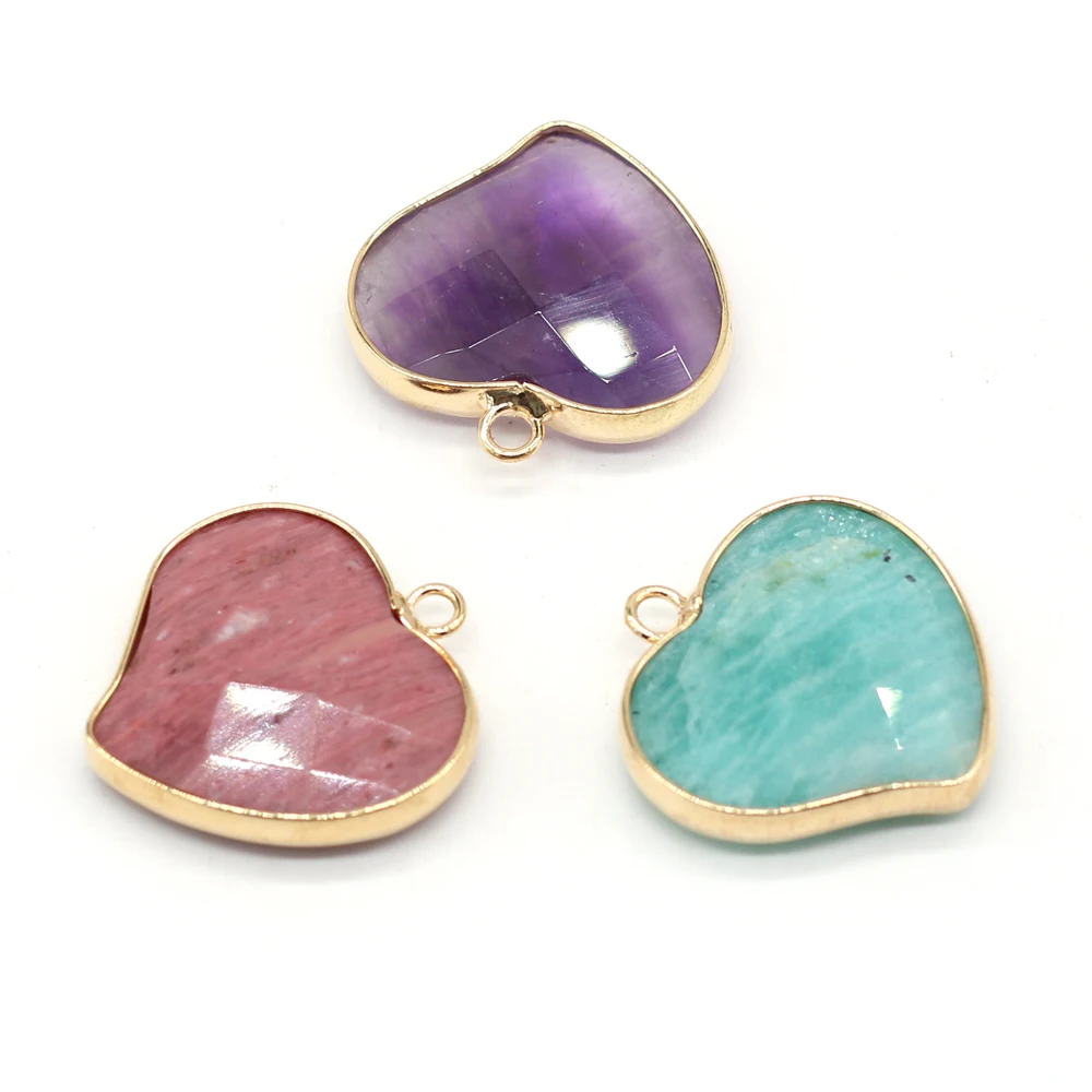 3PCS Wholesale Heart Shape Natural Stone Amethyst Gilt Edge Pendant For Women Jewelry Making DIY Necklaces Accessory Charm Gift