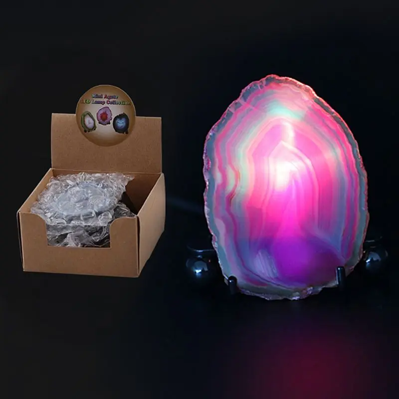 

Irregular Natural Dyed Agate Thin Slice LED Night Light Mineral Rock Lamp with USB Interface and Stand