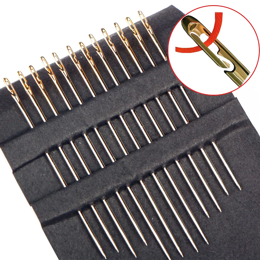 12pcs Self Threading Needles Hole Free Sewing Needles Stainless Steel Household DIY Hold Blind Needle