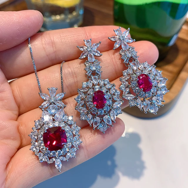 Luxury 925 Sterling Silver Ruby Gemstone Jewelry Sets for Women High Carbon Diamond Wedding Party Earrings Pendant Necklace Gift Jewelry sets
