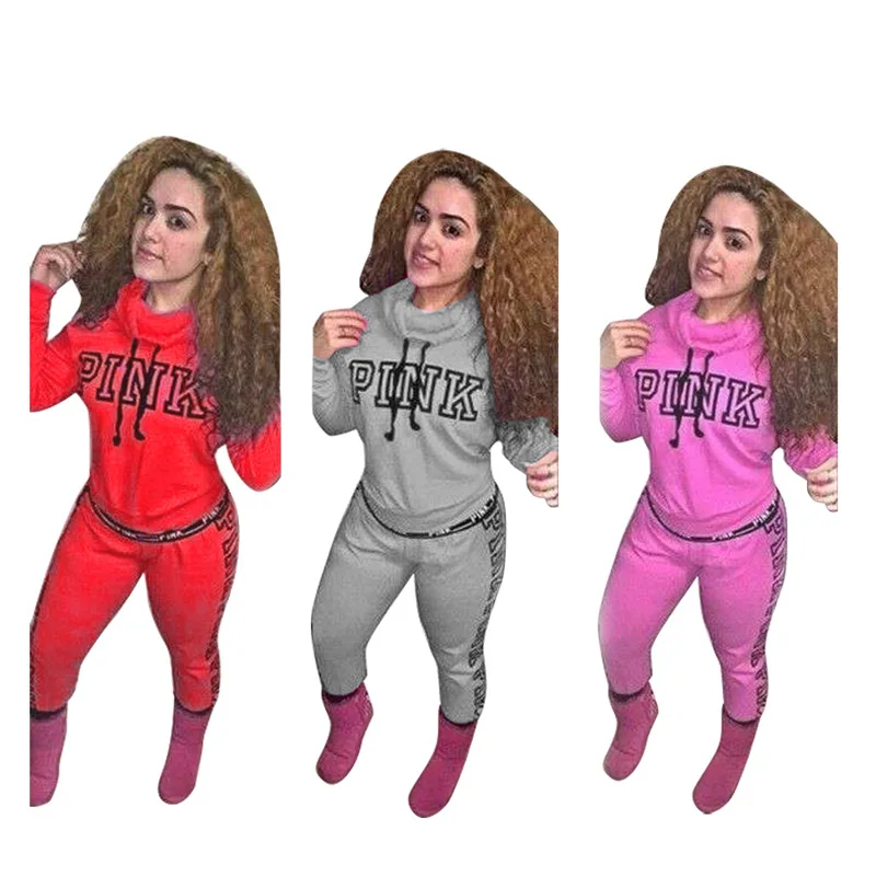 

Autumn Sport Pink Letter Sweatsuit Women's Set Turtleneck Sweatshirt Jogger Pants Set Tracksuit Two Piece Fitness Outfit