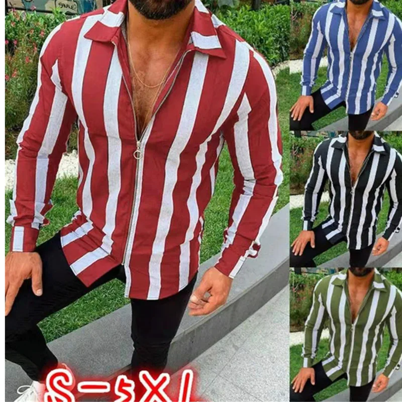 2019 Модные мужские строгие топы в полоску с длинным рукавом на молнии весенние