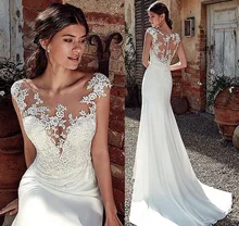 

2021 Modest Dress Soft Satin Bateau Neckline Mermaid Wedding Dresses With Lace Appliques Sheer Bridal Illusion Back