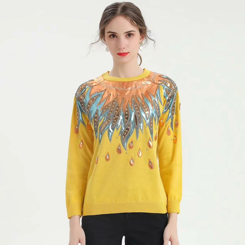 

VERDEJULIAY Runway Yellow Sweater 2020 Autumn Winter Fashion New Luxury Beading Diamonds Patch European Top
