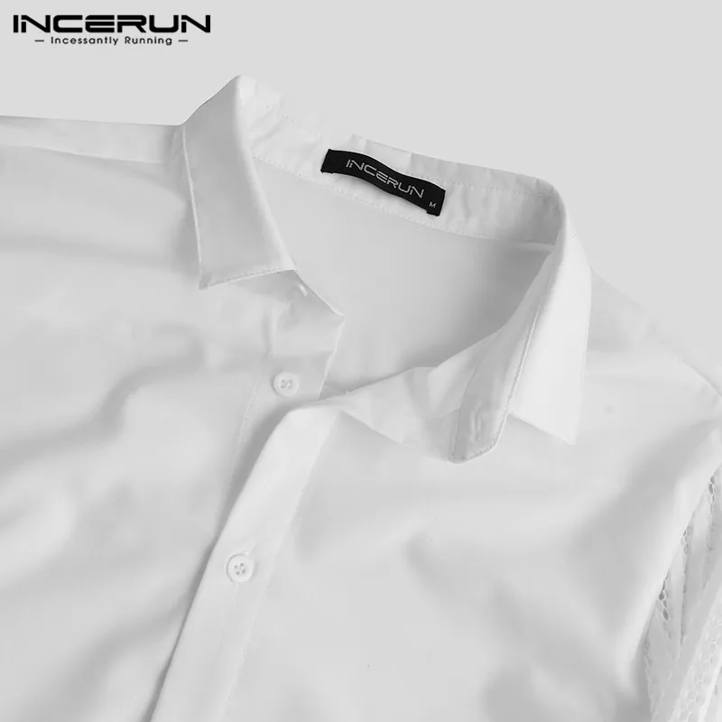 INCERUN, корейская мода, Мужская Однотонная рубашка с отворотом, длинный рукав, кружево, пэчворк, платье, рубашка, Клубная одежда, вечерние, тонкая рубашка, повседневная мужская блузка