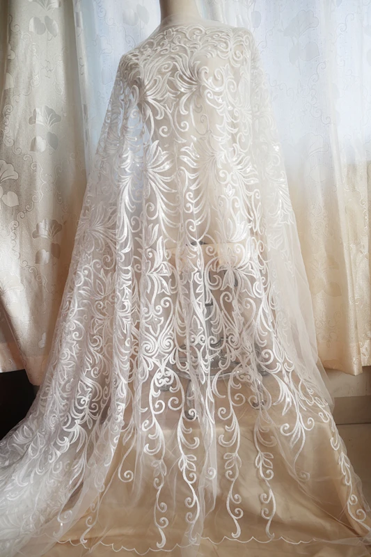 5 ярдов качественная кружевная ткань с цветочным принтом, винтажный вышитый блёстками кружевная ткань, слоновая кость шнур Alencon Свадебная кружевная ткань