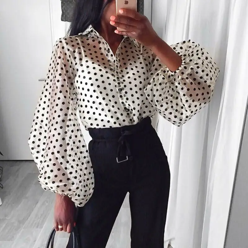 New Fashion Women White Black Polka Dot Sheer Mesh Blouse Tops Shirt Ladies Puff Long Sleeve SeeThrough Loose Shirts | Женская одежда