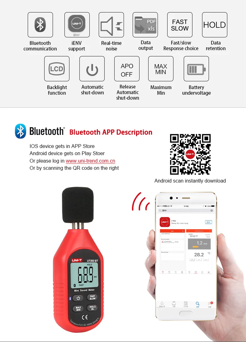 UNI-T UT353BT Mini Digital Sound level meter Bluetooth Decibel meter Noise Audio detector 30~130db Data hold LCD Backlight IENV