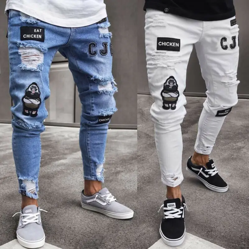 Модные мужские Стрейчевые рваные джинсы, обтягивающие байкерские джинсы, потертые узкие джинсовые штаны, 2 цвета, горячая распродажа