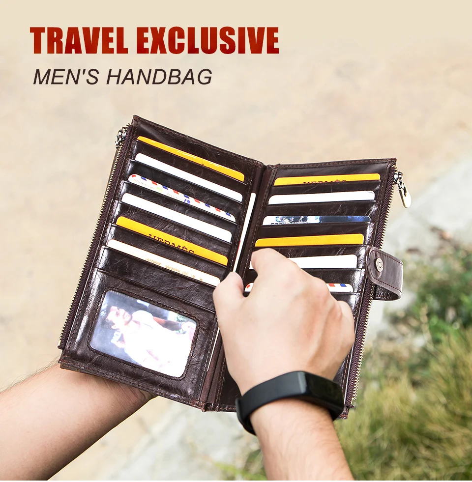 CONTACT'S Casual Travel Wallets Genuine Leather Wallet Men Zipper Coin Pocket Long Purse Passport Cover Male Card Holder Bags