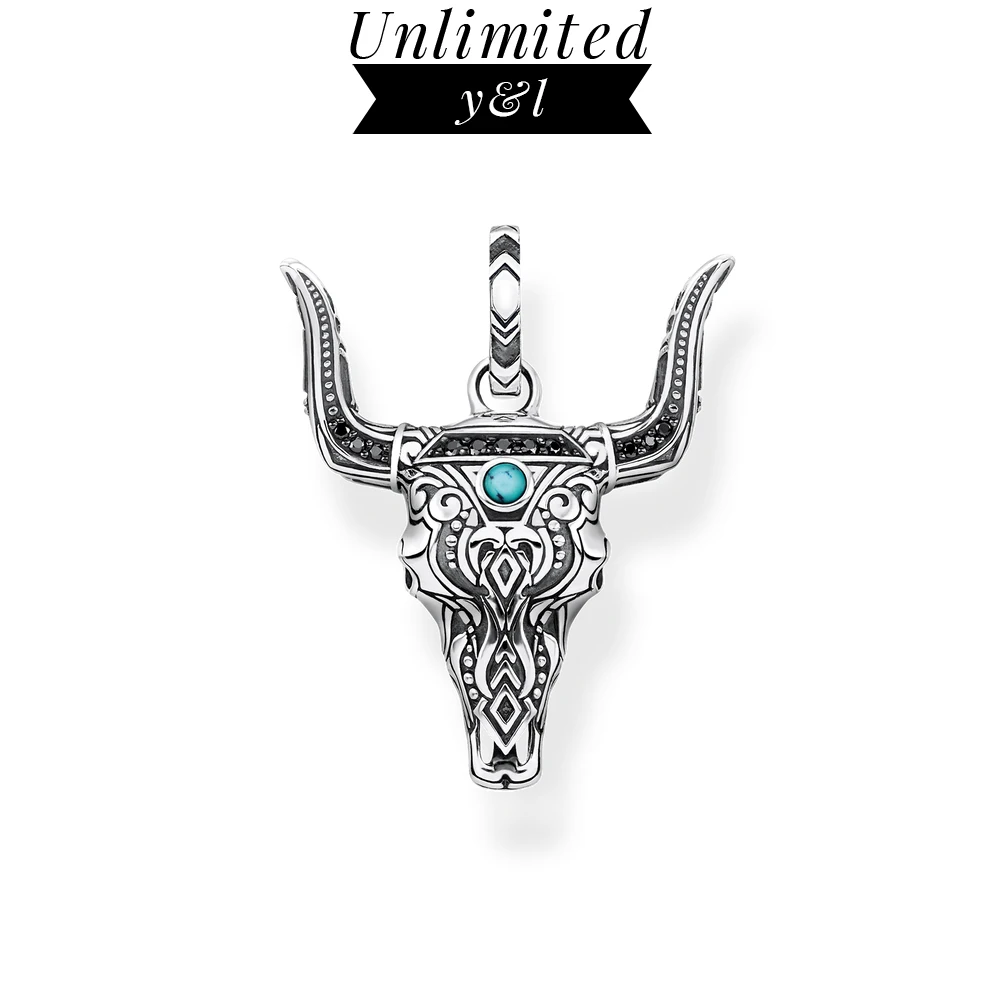 

Blue Stone Bull Head Pendants 925 Sterling Silver Skull Punk Jewelry Accessories fit Necklace Women Men 2020 Summer New Gift