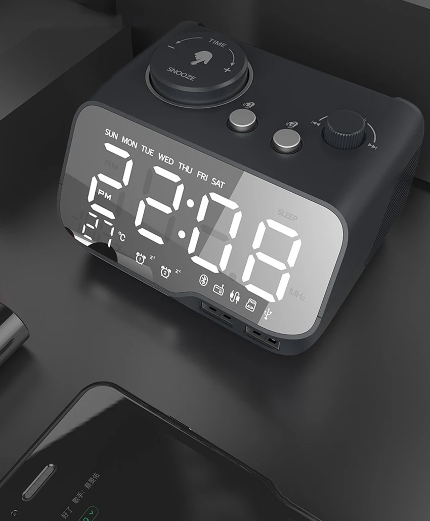 LED alarm clock front view with display and speaker