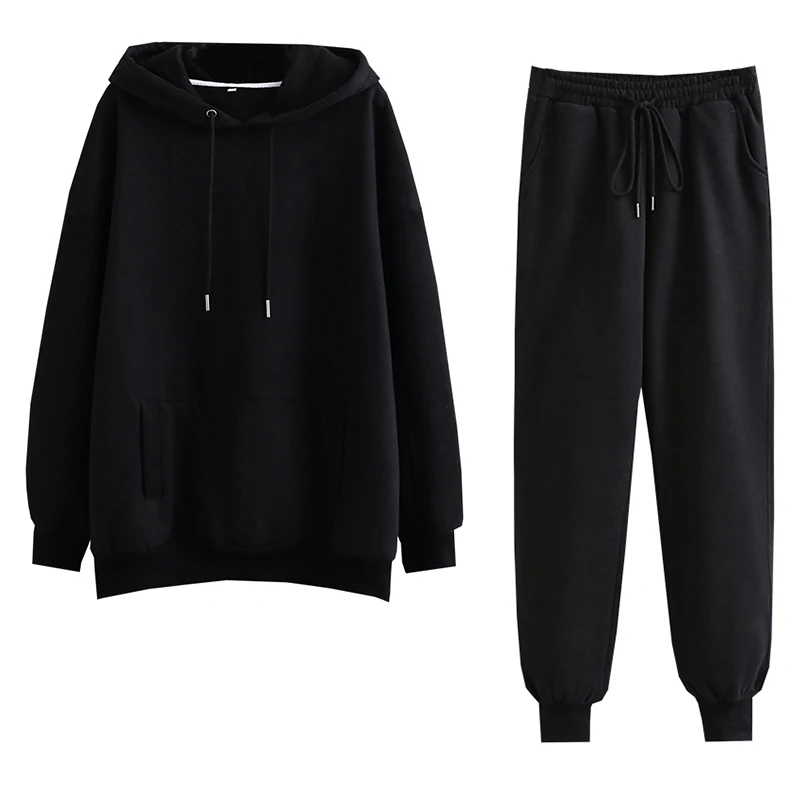 

CDJLFH Autumn Women Basic Hooded Sweatshirt + Elastic Waist Pants Set Korean Version Oversized Hoodie Solid Color Two-piece Suit