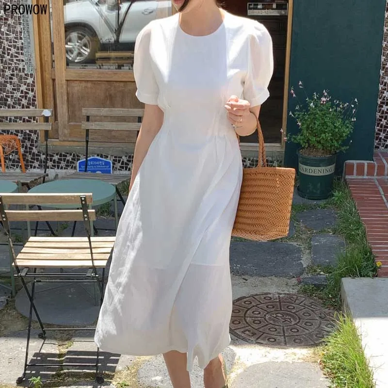 Women Waist Bandage Puff Sleeve Dress Summer New Korean Chic Leisure Dress Retro Elegant Office White Midi Dresses Vestidos 2020