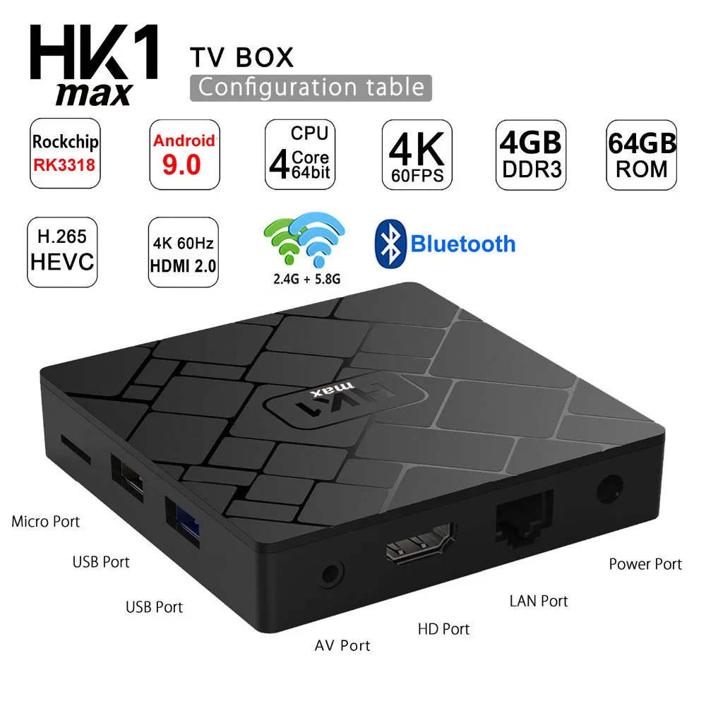 HK1 MAX Android 9.0 Smart TV BOX RK3318 Quad core 4GB Ram 64G Rom 2.4G/5G Dual WIFI Bluetooth 3D 4K