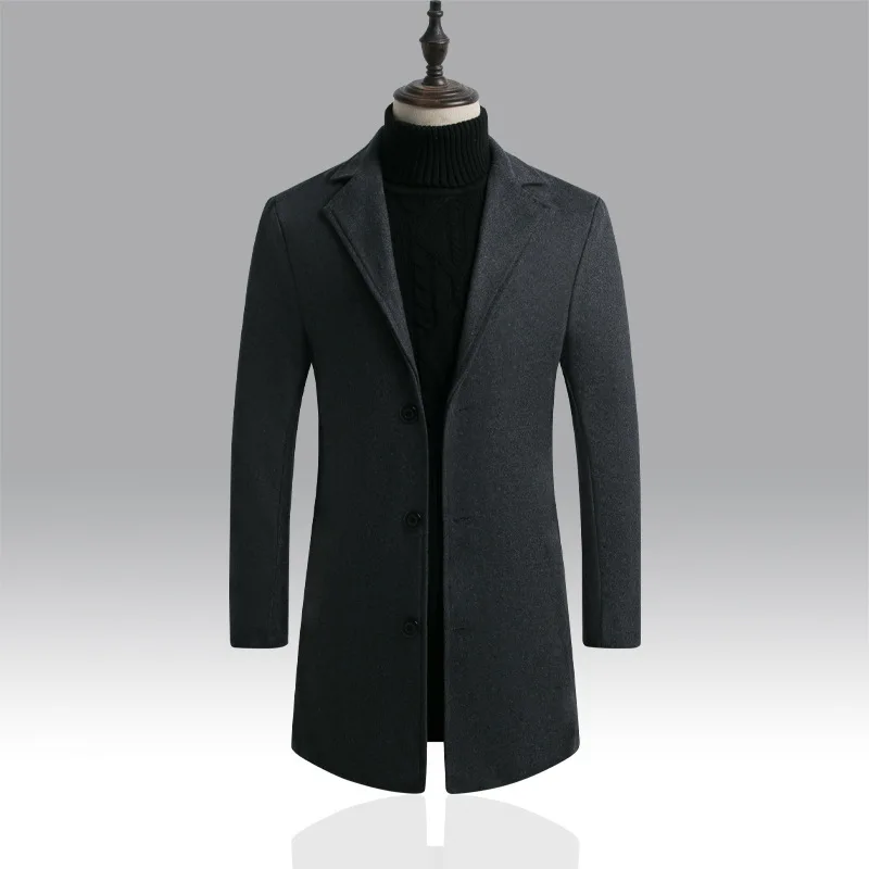 

2019 Fashion Men's Wool blends Coat Winter Warm Solid Color Long Trench Jacket Male Single Breasted Business Casual Overcoat