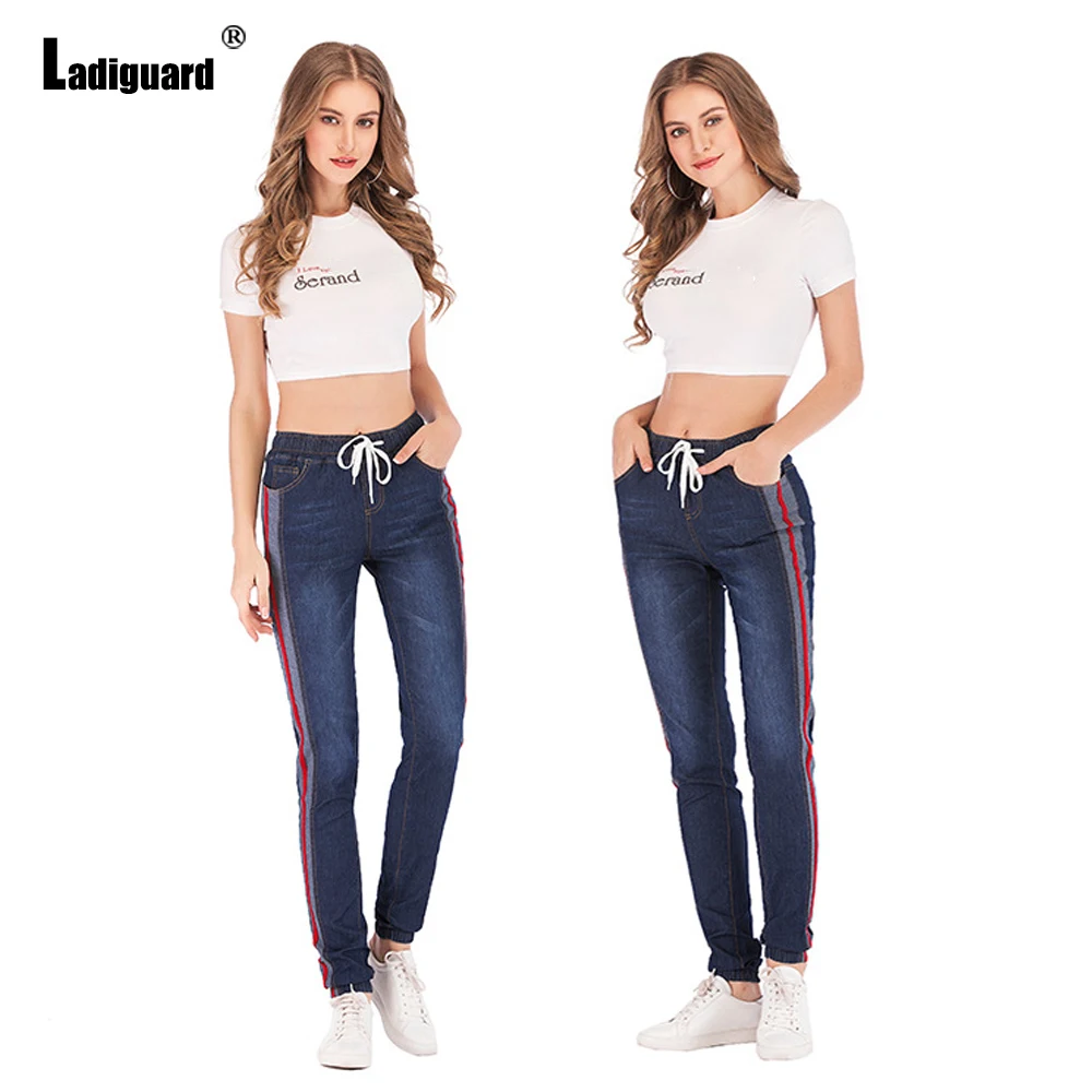 Ladiguard Plus Size Women High Cut Demin Pants Sexy Fashion Jeans Girls Striped Trouser 2022 Spring New Casual Drawstring Pants