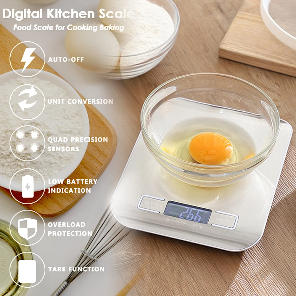 Báscula de cocina, báscula digital para alimentos, pantalla LCD de báscula  de precisión multifunción, acero inoxidable (oz/lb/g/kg/ml/ml de leche)