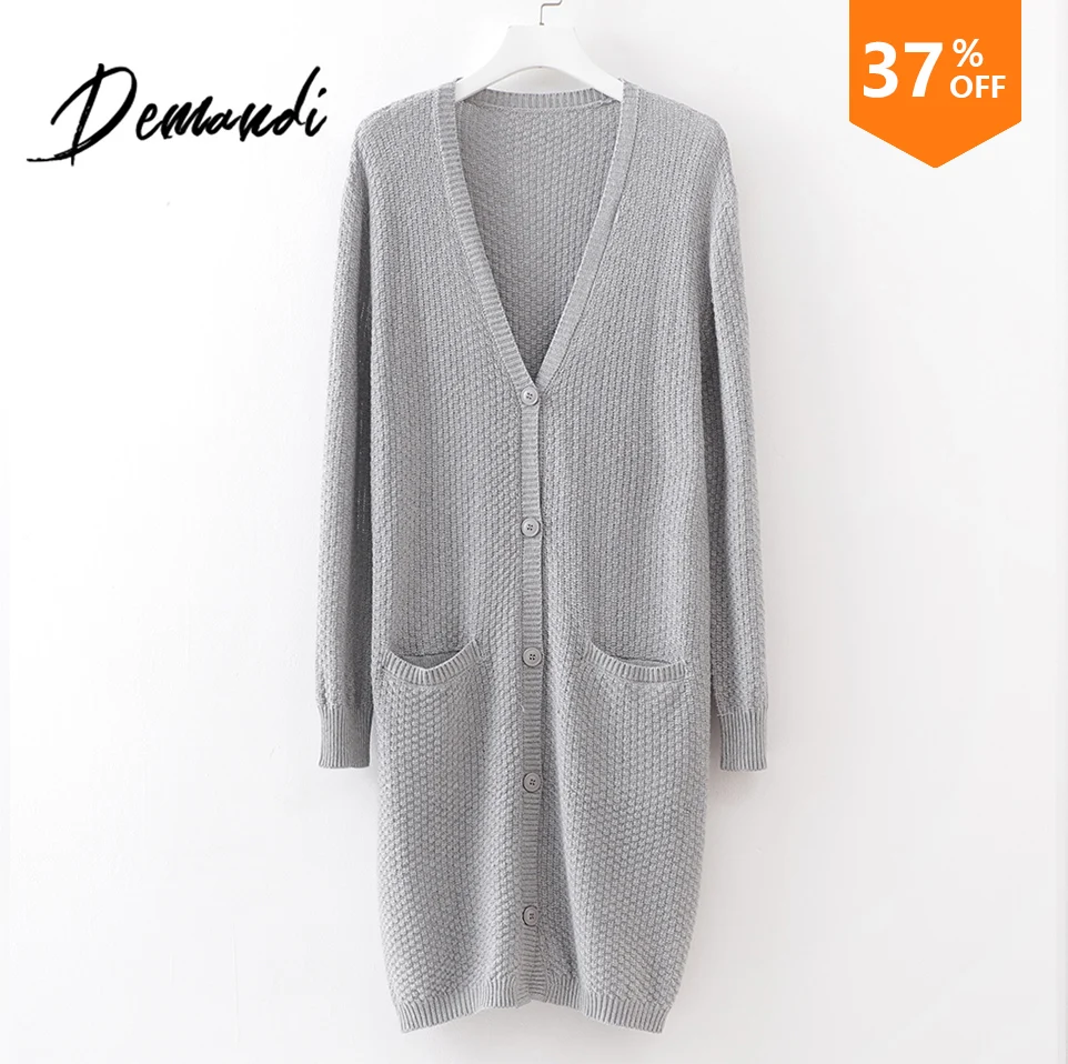 

DEMANDI Woman sweater Pullover new elegant pocket knitted V-neck long sleeve single-row button thin long sweater in autumn 2019