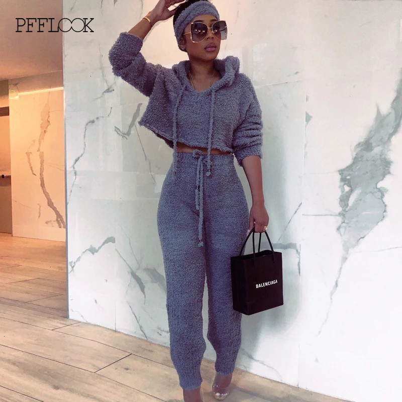 

PFFLOOK 2019 Autumun Women 2 Piece Set Winter Outfits Elegant Solid Sweater Streetwear Matching Sets Casual Fleece Two Piece Set