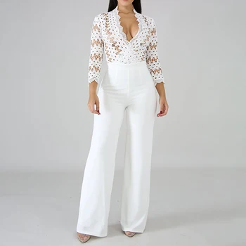 

Hollow Out Women Jumpers Lace Splice Sexy Rompers V Neck Three Quarter Sleeve Jumper 2020 Spring Summer Elegant Ladies Romper