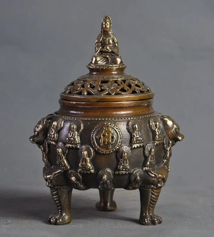 

wedding decoration 6" old Chinese bronze beast head buddha Kwan-Yin statue Incense burner Censer