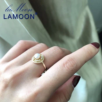 

LAMOON 925 Sterling Silver Pearls Ring Vintage 14K Gold Plated CZ Crystal Jewelry for Women Gift for Mom LMRI092