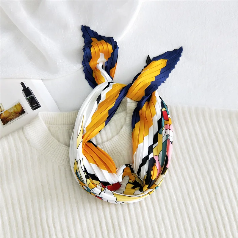 NEW Designer Pleated Square Imitated Silk Scarf For Women Floral Classy Chic Ladies Scarves Travel Neck Scarf Kerchief Bandana 3