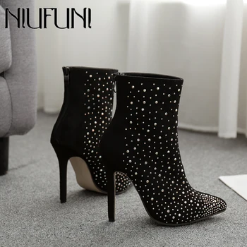 

Womens Boots Pumps Sexy Thin High Heels Rhinestone Pointed Toe Ankle Boots Autumn Female Shoes Black Short Botas Plus Size 42