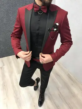 Dark Red Shiny Formal Wedding Tuxedos Groomsmen (Jackets+Pants)