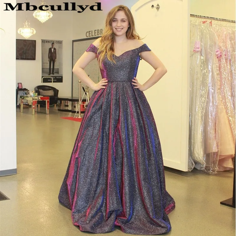 

Mbcullyd Shining Sequined Prom Dresses Long 2020 Elgant Off Shoulder Formal Evening Dress Pageant Plus Size vestidos de fiesta