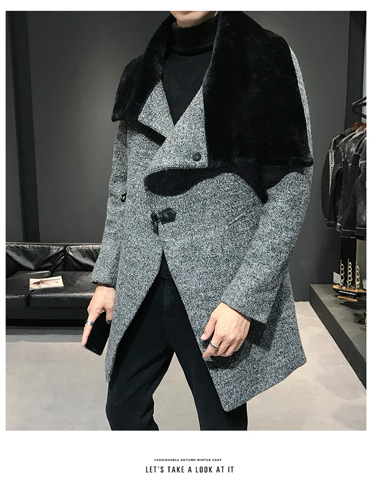 Зимнее шерстяное пальто, мужской теплый плащ-манто с меховым воротником, мужское пальто, размер M-3XL,, Мужская однотонная шерстяная куртка средней длины