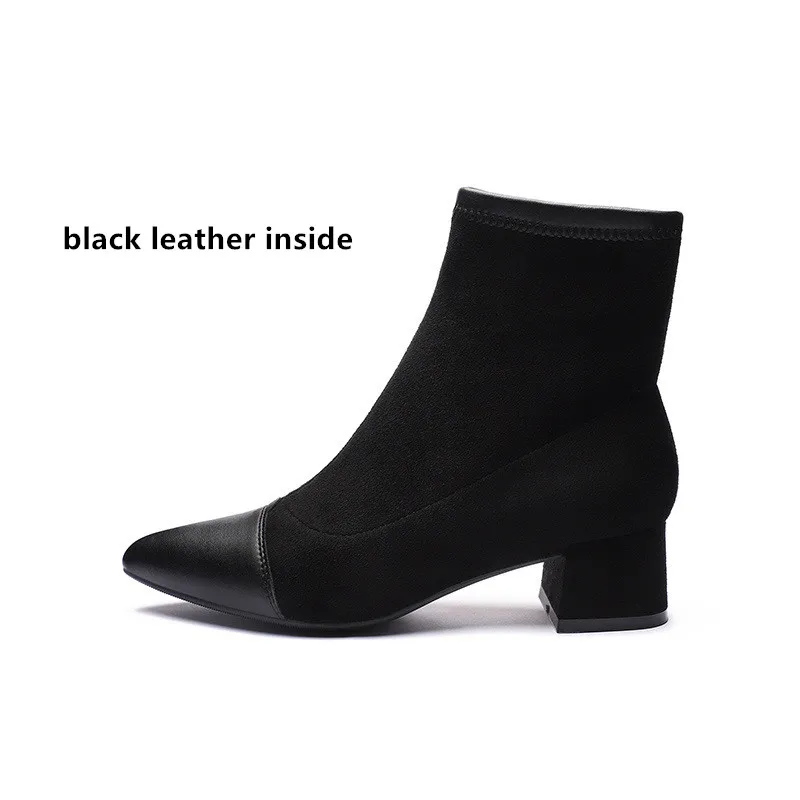 black leather Женские ботинки; полусапожки из флока с острым носком на квадратном каблуке; женские зимние ботинки; коллекция года; женские черно-бежевые Ботинки Martin без застежки - Цвет: black leather