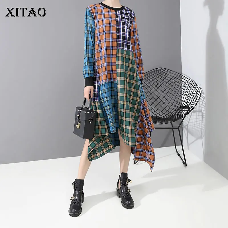 

XITAO Plaid Women Midi Dress Fashion New 2019 Autumn Irregular Elegant Patchwork Goddess Fan Pullover Casual Dress GCC2022