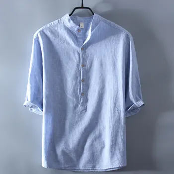 

Male Pullover Shirts Casual Short Sleeve Cotton Linen Shirt Men Casual Fashion Striped Stand Collar Shirt Man