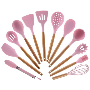 

Pink Cooking Tools Set Premium Silicone Utensils Set Turner Tongs Spatula Soup Spoon Non-stick Shovel Oil Brush Kitchen Tool