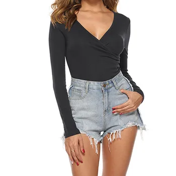 

Cotton Bodysuit Casual Autumn Women Romper V-neck Sexy Body Suits Fitness Jumpsuit Party Bodycon Tops Female Black White TS1144