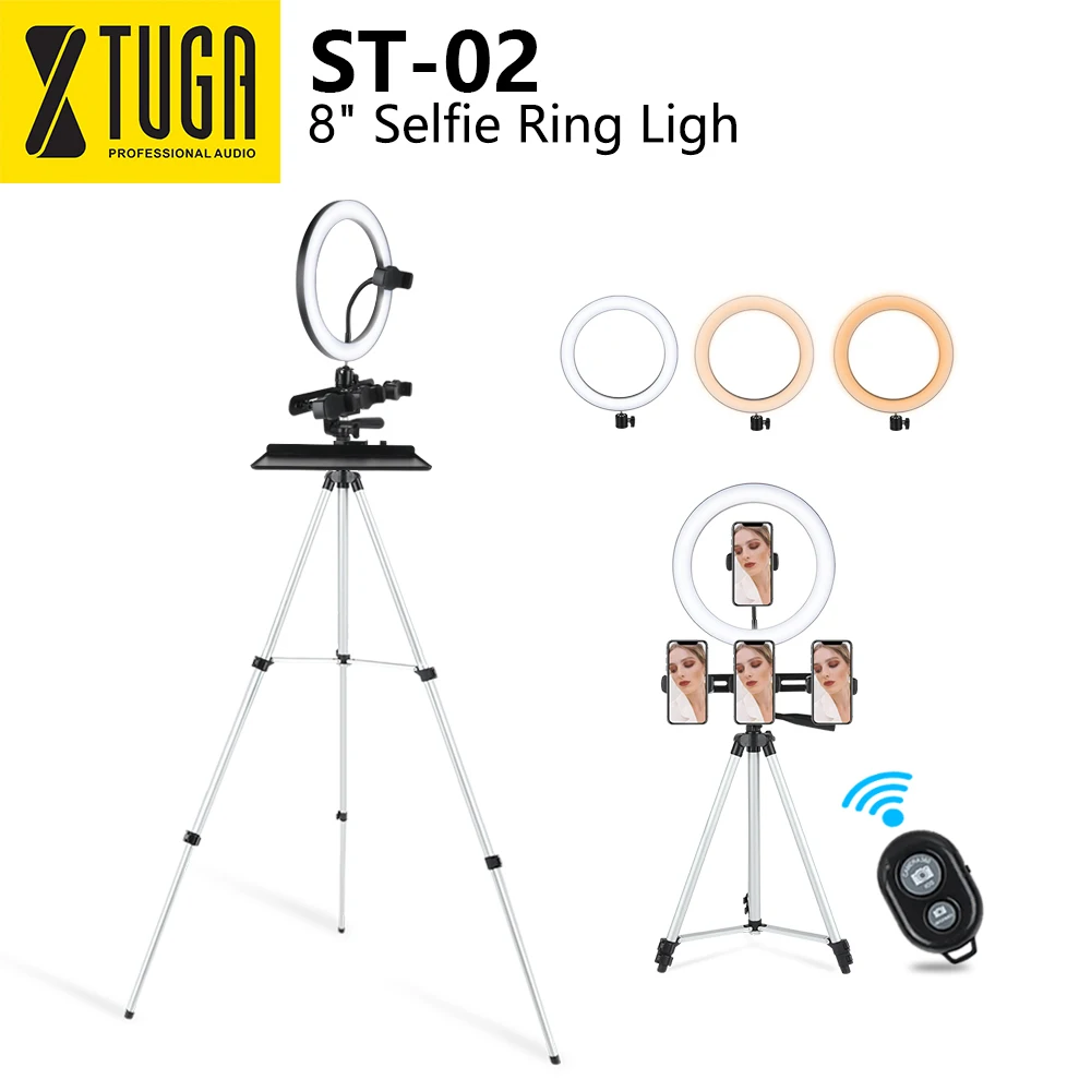 

ST-02 8" Selfie Ring Light with Live Adjustable Tripod Stand Three-Position Mobile Phone Clip Perfect for Makeup/Live Stream