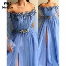 Синее платье для выпускного вечера с коротким вырезом и бисером, жемчужное платье для выпускного вечера с высоким разрезом, вечернее платье с шлейфом, вечернее платье на выпускной вечер