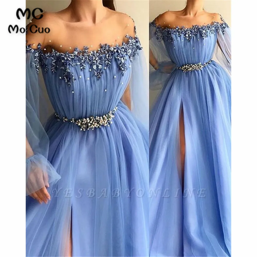 

Blue Sher Neck Prom Dresses Long with Beaded Pearls Prom Dress High Slit Evening Dress Train Evening Party Dress Prom Gown
